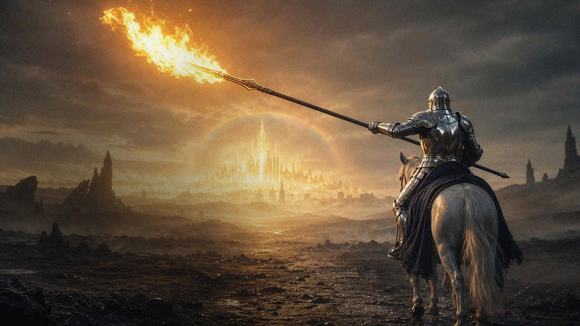 Spearhead Movement — knight with flaming spear riding toward a golden city